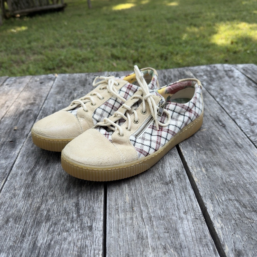 Women's BORN Tamara Plaid Checkered Leather Zip‎ Sneakers-Tan-Size 8.5